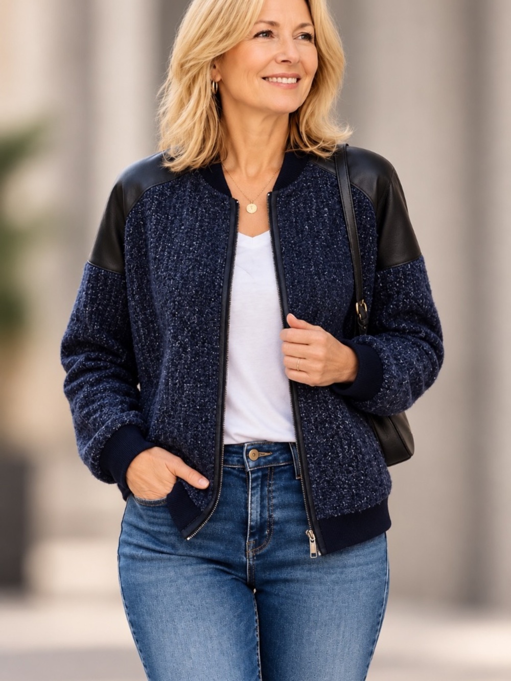 Elie Tahari BlueBlack Metallic Tweed with Leather trim Bomber Jacket, Size Small